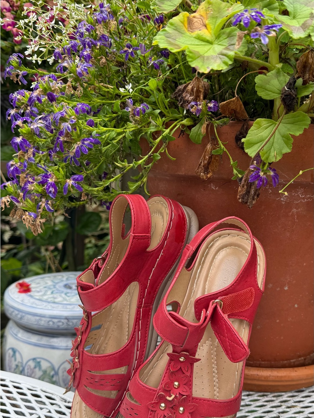 Women’s Red Comfort Sandals with Floral Accent Lucious Red Sandals